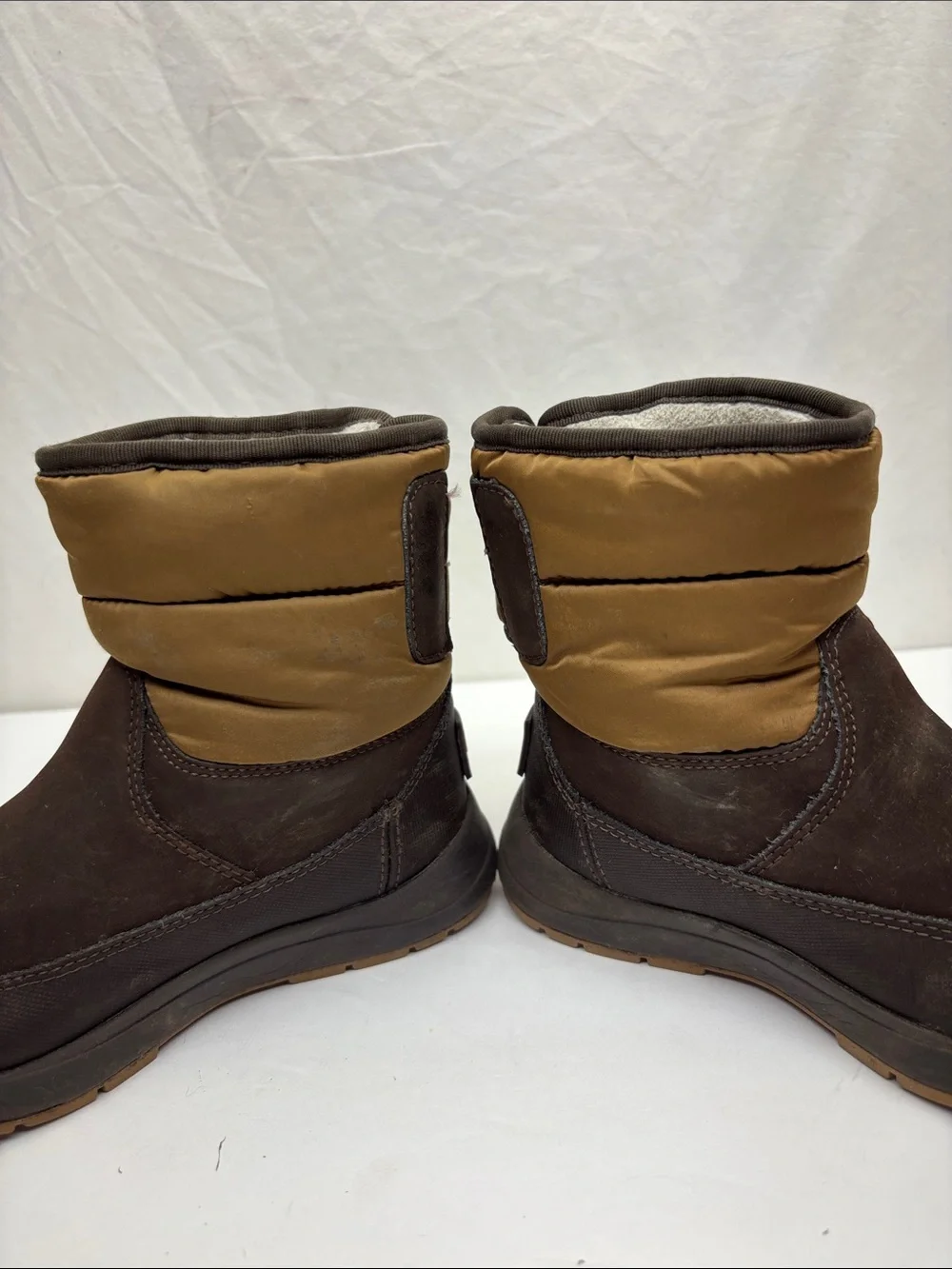 UGG Kids Brown and Tan Winter Booties, size 11 for toddler boy, box 74
